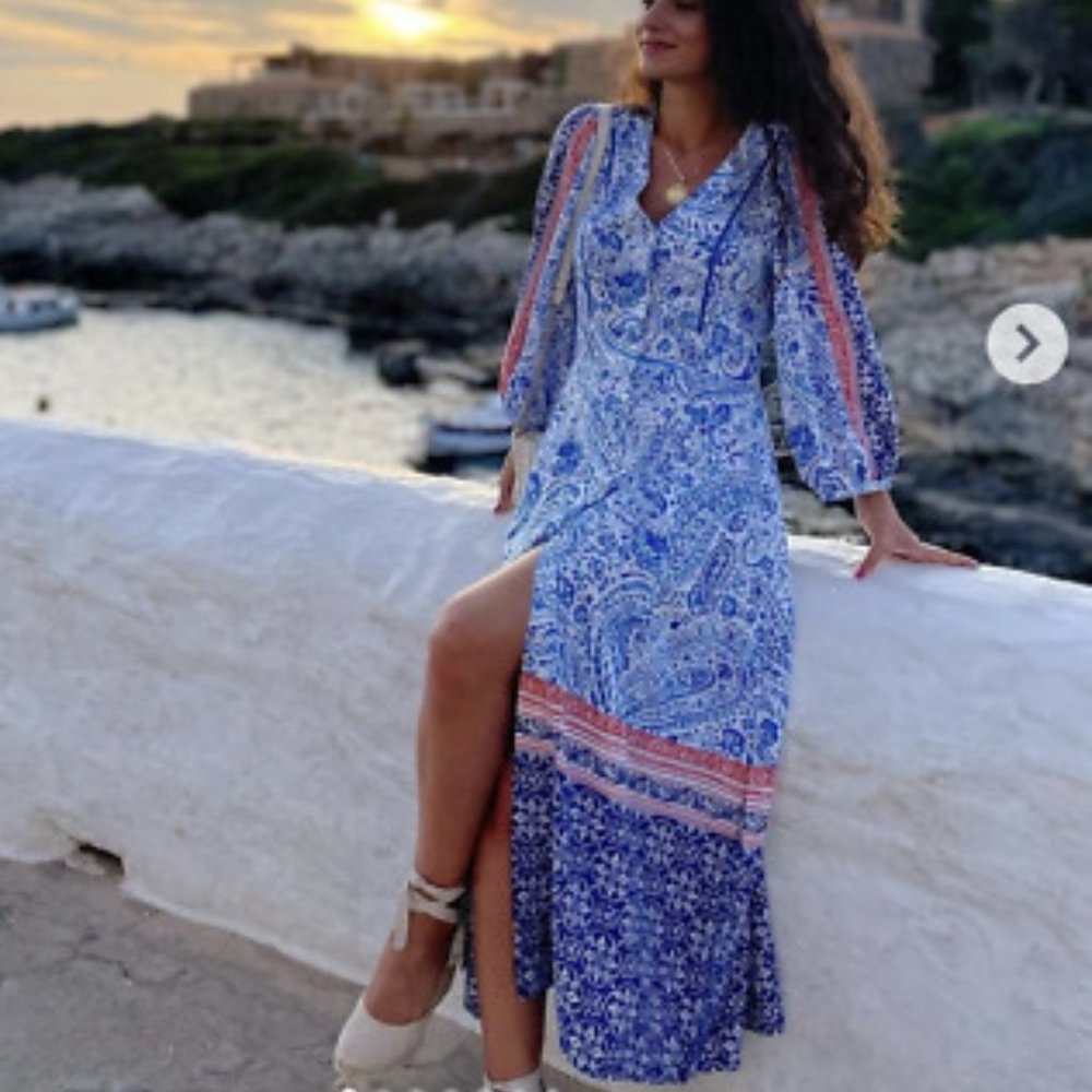 NEW ZARA LINEN BLUE PRINTED TUNIC DRESS V NECK FRONT BUTTON WOMENS SIZE M.